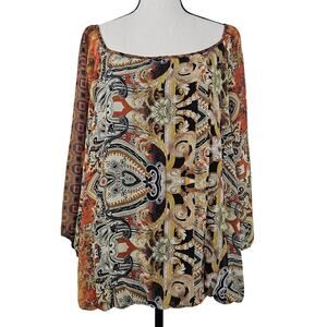 Dressbarn beige multicolor sheer long sleeves Sz 2x womens blouse